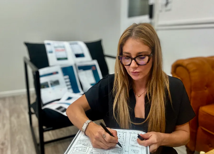 Maddy Avery working through a client's strategy on paper