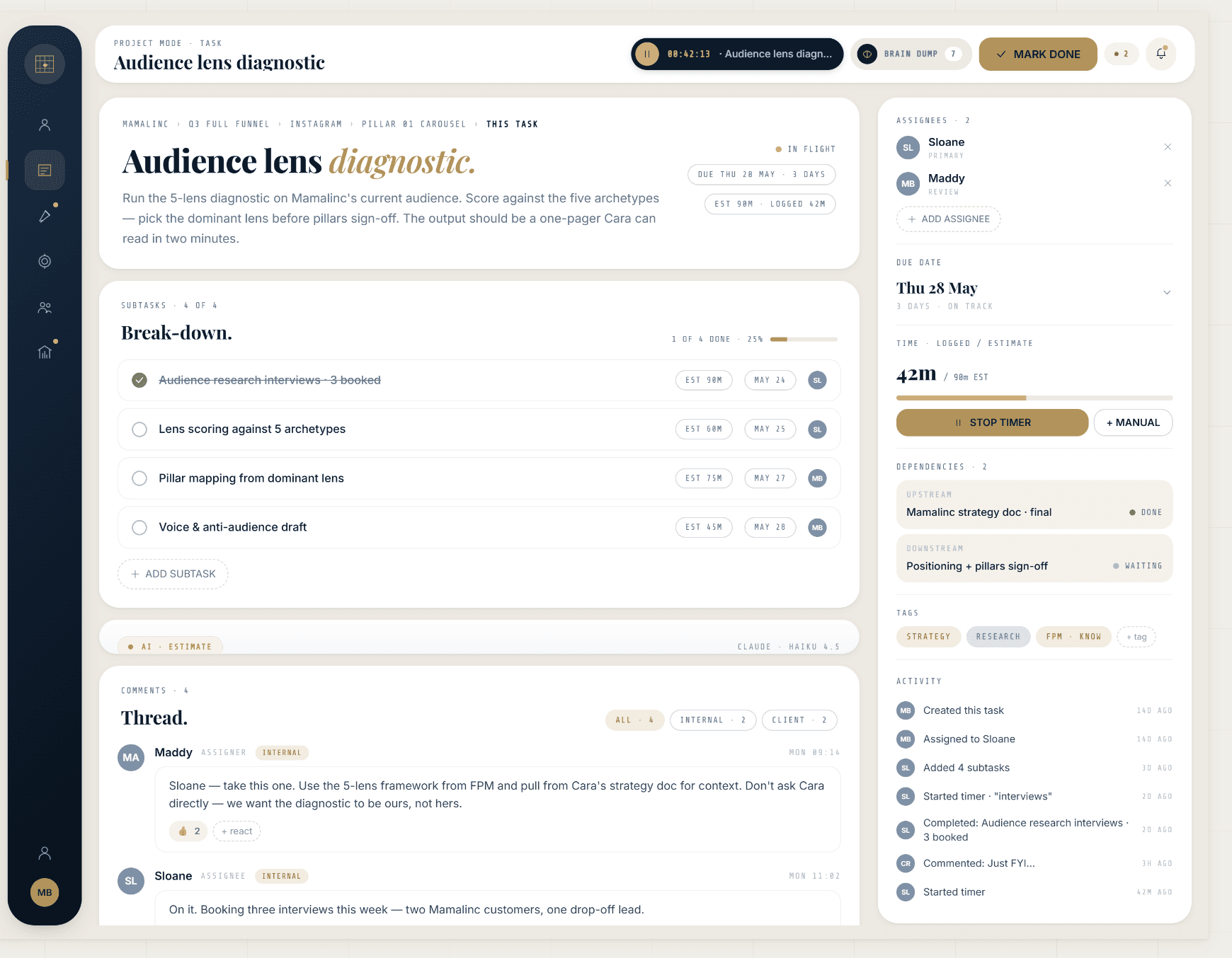 A task detail view, subtasks, comments, time and an AI estimate