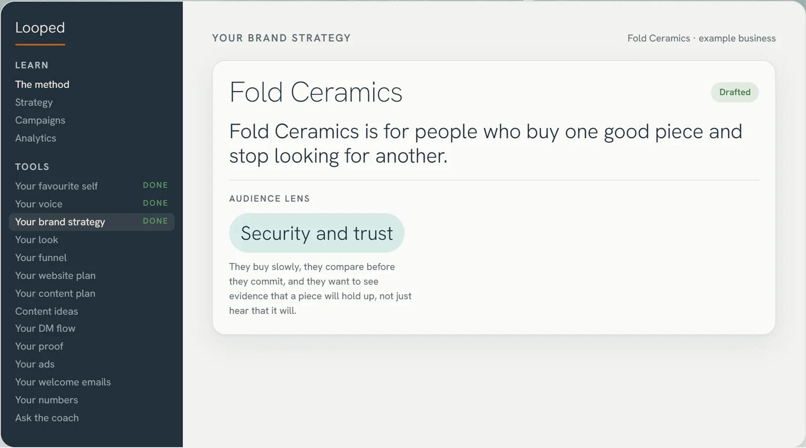 The Looped member portal: the method, the fourteen tools, and a brand strategy drafted for an example business