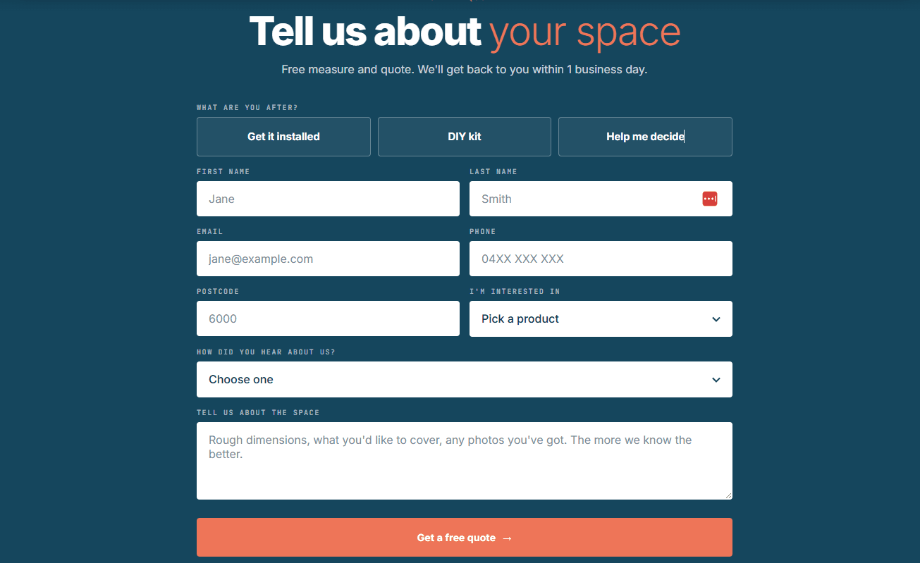 The public lead-capture form, install, DIY kit or help-me-decide