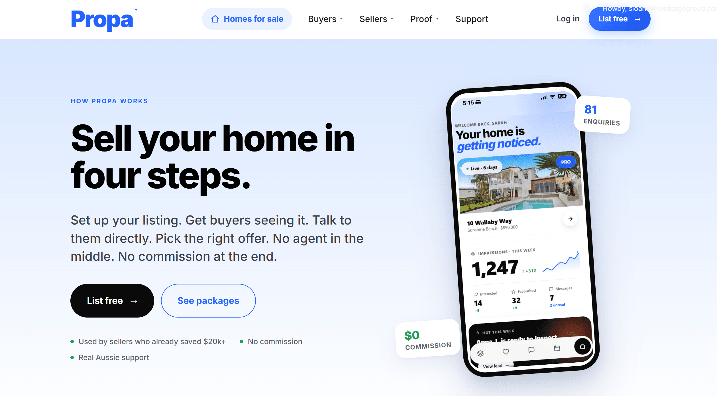 The Propa marketing homepage, sell your home in four steps