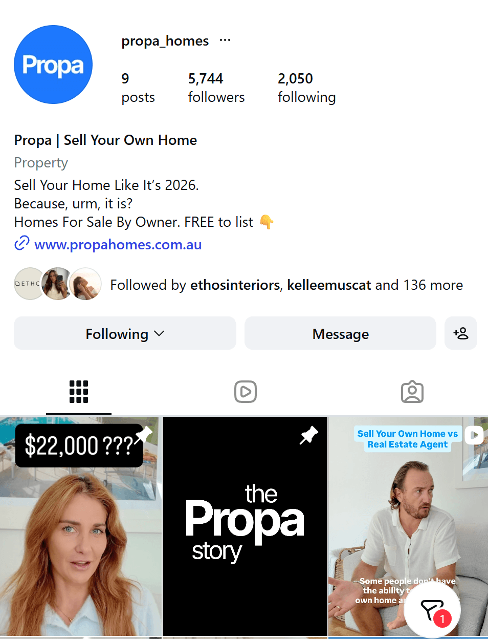 The @propa_homes Instagram profile, 5,744 followers