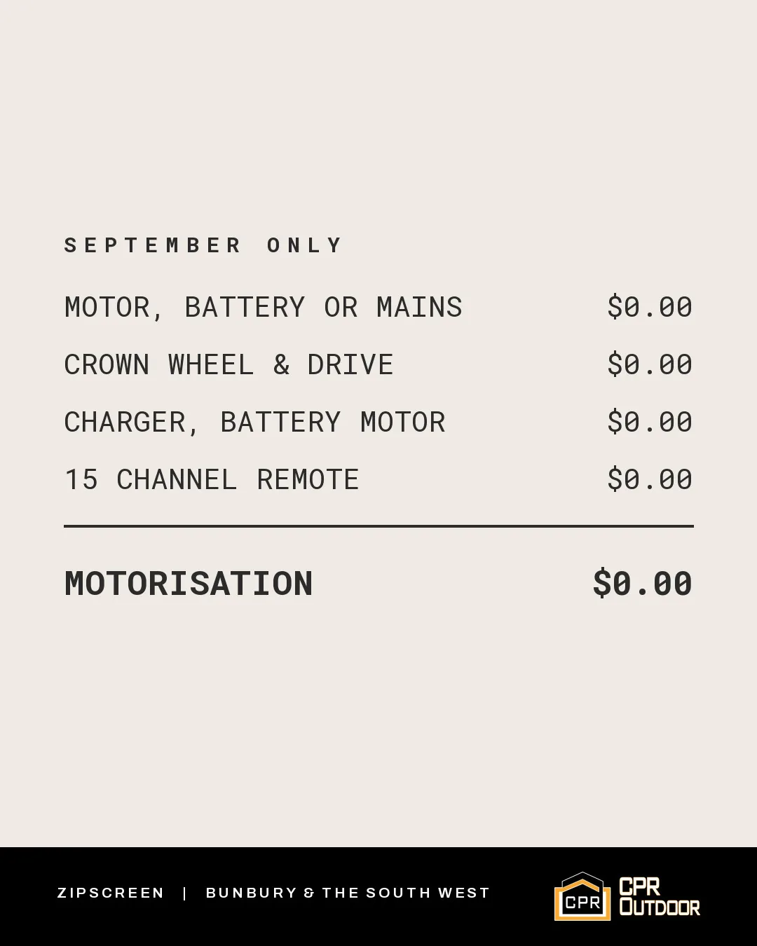 September creative: motorisation priced at nothing