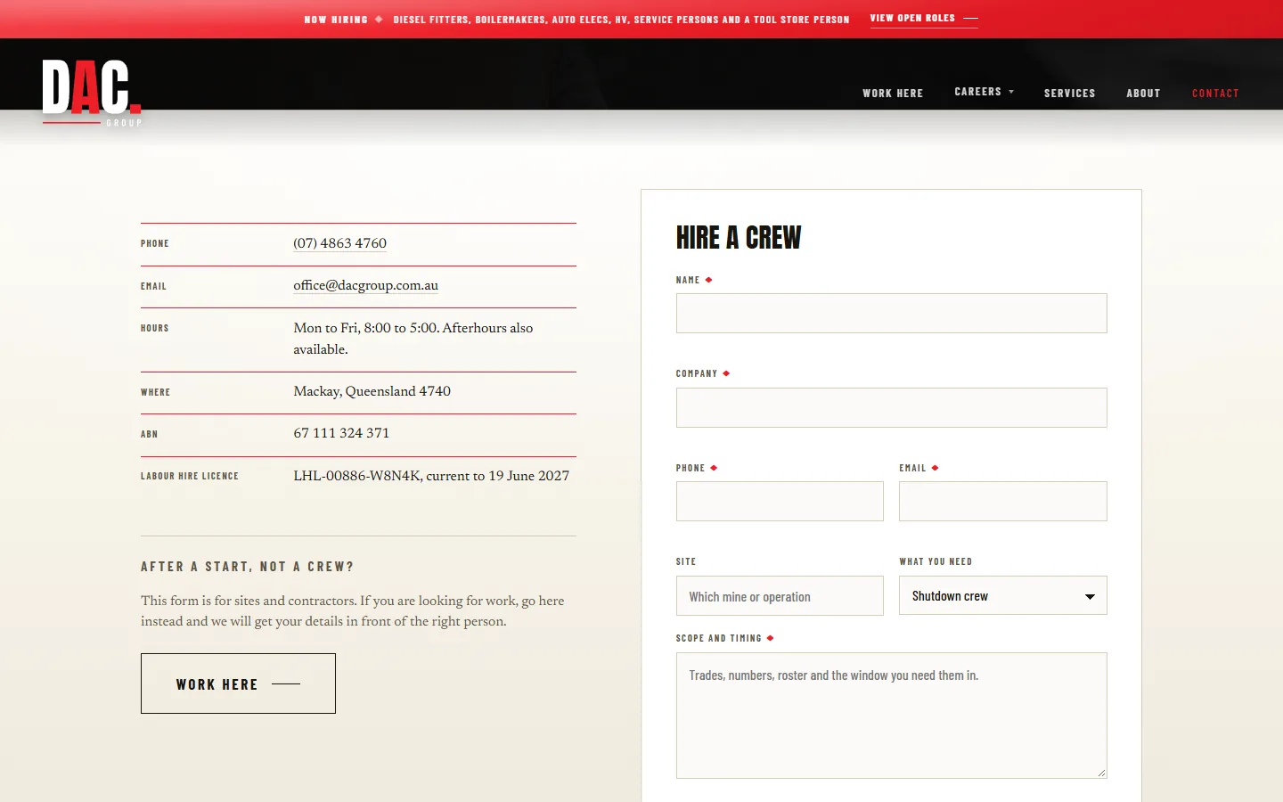 The hire a crew form, empty, beside DAC's contact and licence details
