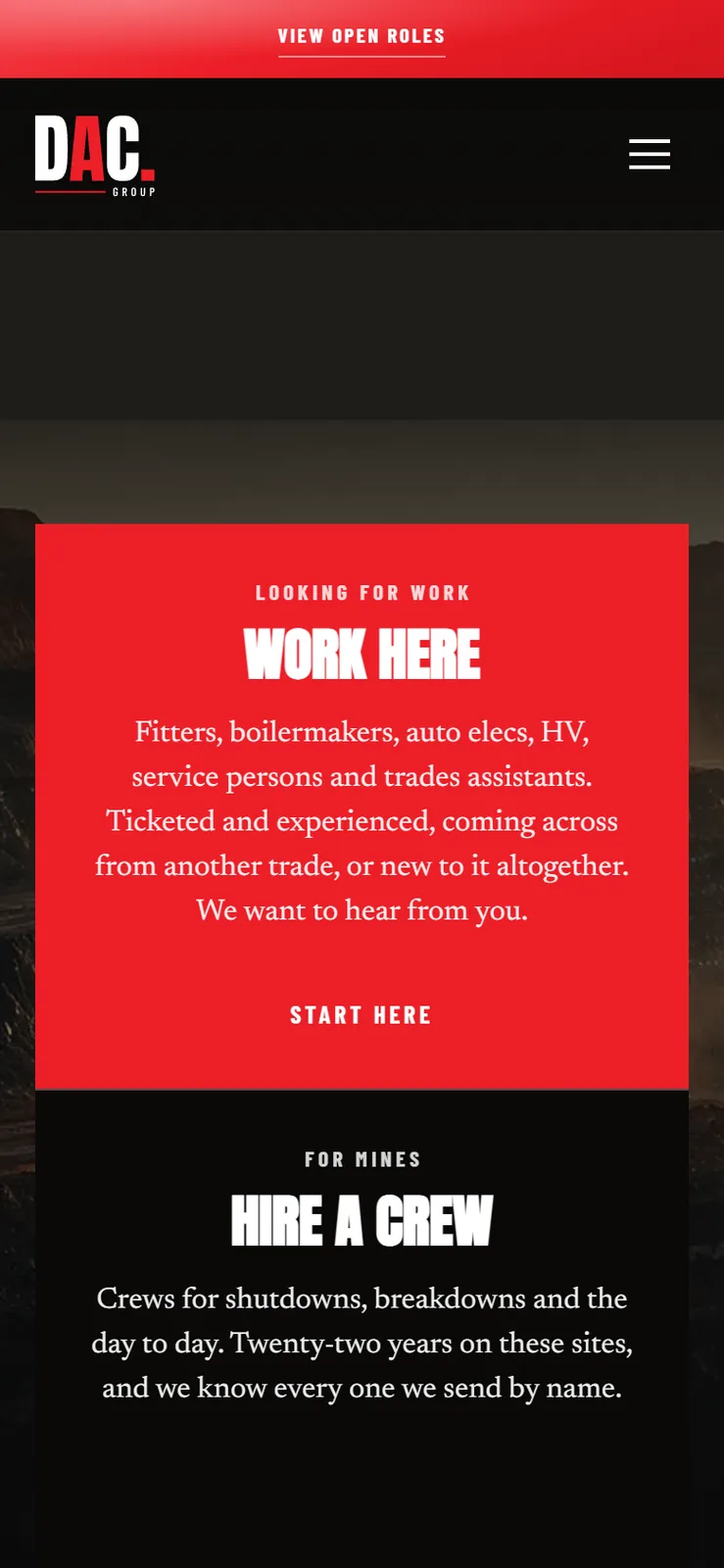 Two doors on the phone homepage: work here, or hire a crew