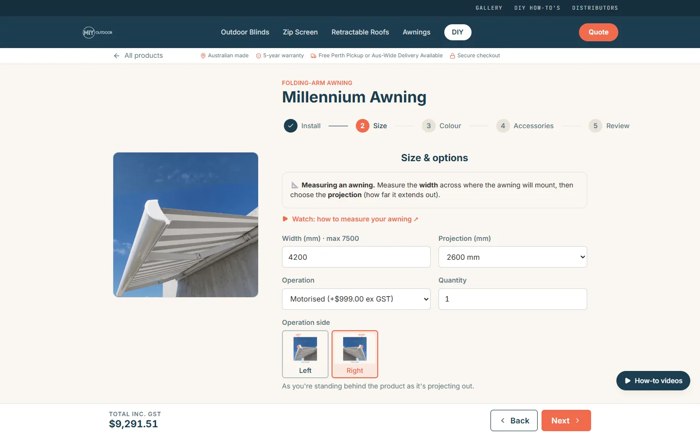 The DIY builder's size step for a Millennium awning, with the running price
