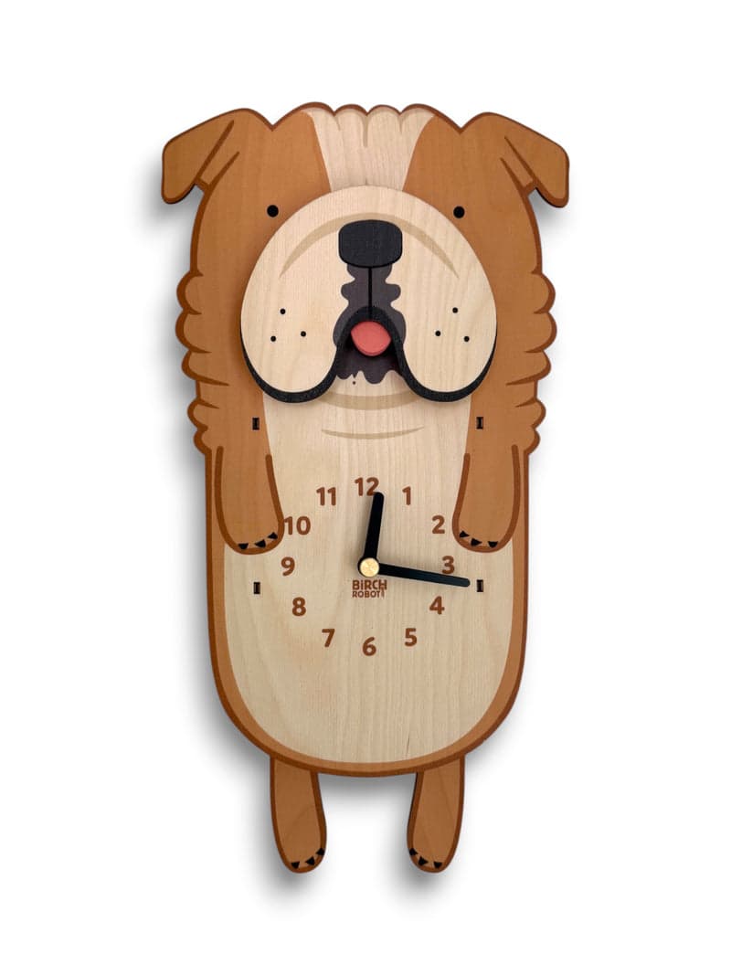 Rosie the Bulldog, a wooden pendulum clock by Birch Robot